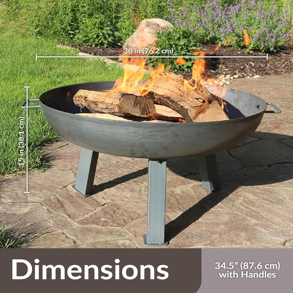 30 Inch Cast Iron Fire Pit Bowl - Wood Burning Outdoor with Handles - Gray