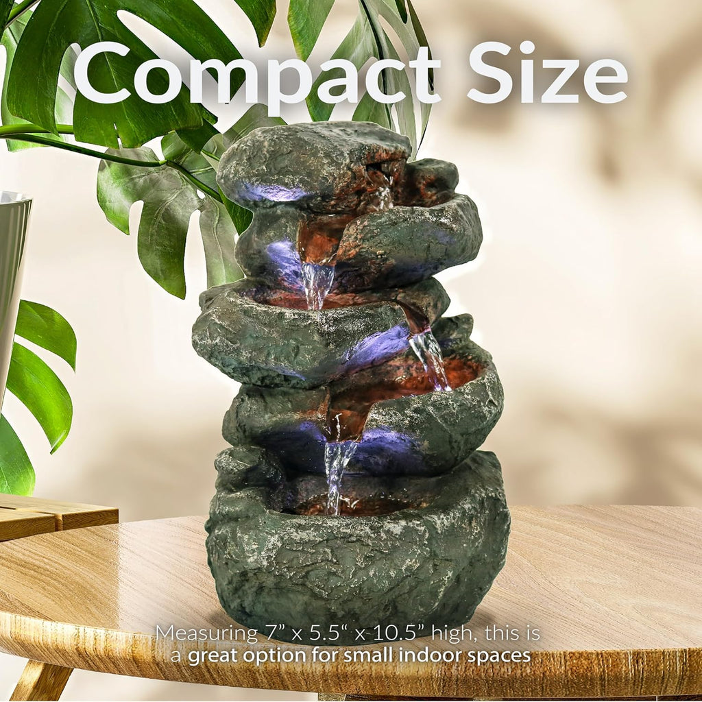 Tabletop Water Fountain - Stacked Rocks 10.5 Inch Relaxing Desktop Water Fountain with LED Lights
