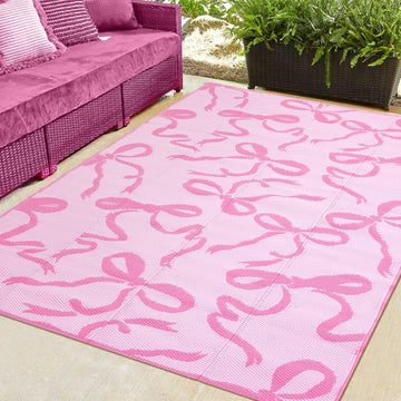 Pink Bow Outdoor Rug 5 x 8 ft Waterproof Plastic Straw Rugs