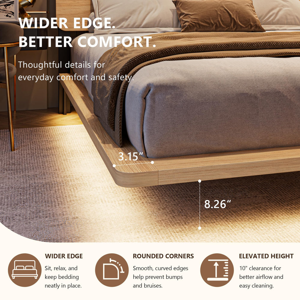 Queen Floating Wooden Bed Frame with LED Lights, Extra-Wide Side Rails & Charging Station, Queen Bed Frame with Storage