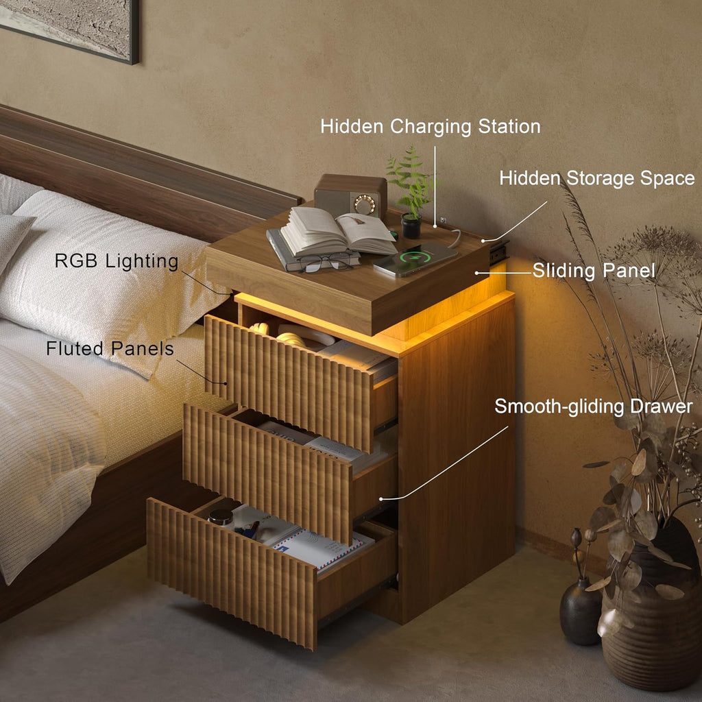 Fluted Nightstand with Charging Station and LED Light, Bedside Table with Sliding Top, USB Ports and AC Outlets, 3