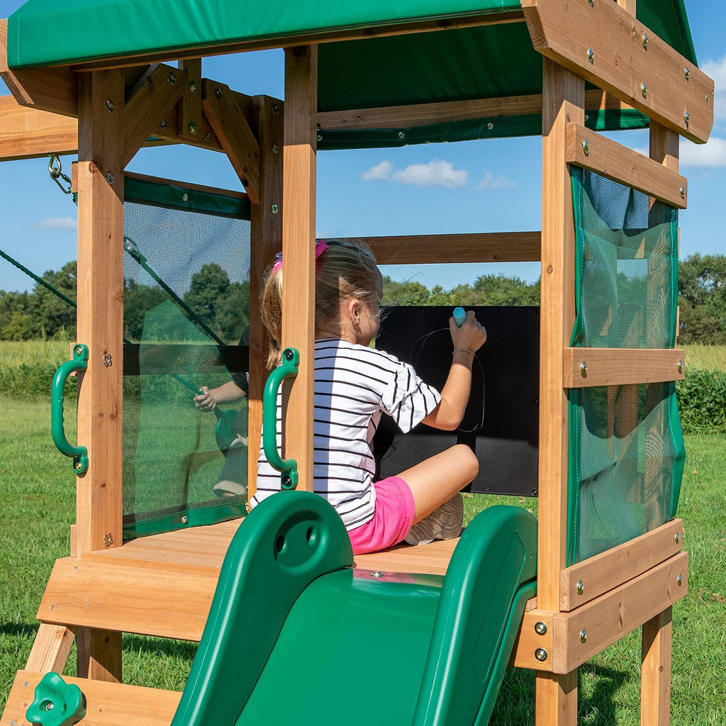 Buckley Hill Cedar Wood Swing Set with Wave Slide, Play Deck, Rock Wall Ladder, Belt Swings, Chalkboard, Canopy Roof