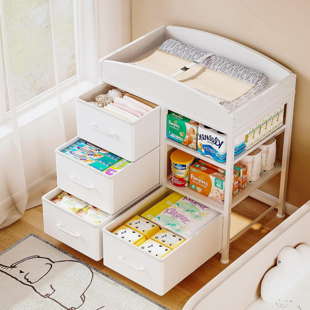 Baby Changing Table with 4 Drawers and 2 Shelves - Baby Dresser with Changing Table Top Diaper Changing Station with