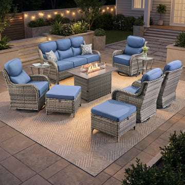 Luxury Patio Furniture Set 10pcs with 6-inch Cushion, Outdoor Furniture with Fire Pit Table, Swivel Chairs, Sofa