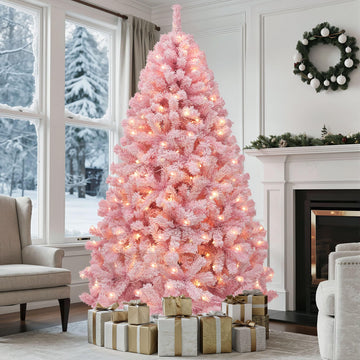 7.5ft Prelit Pink Flocked Christmas Tree w/ 550 Warm White Lights