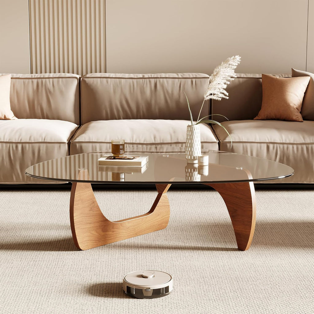 Morden Coffee Table, 42.5" x 28.5" x 16.1" Triangle Tempered Glass Top, Color: Natural Wood