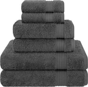 Set of 6, 2 Bath Towels, 2 Hand Towels and 2 Washcloths Towels Sets, Smoke Gray