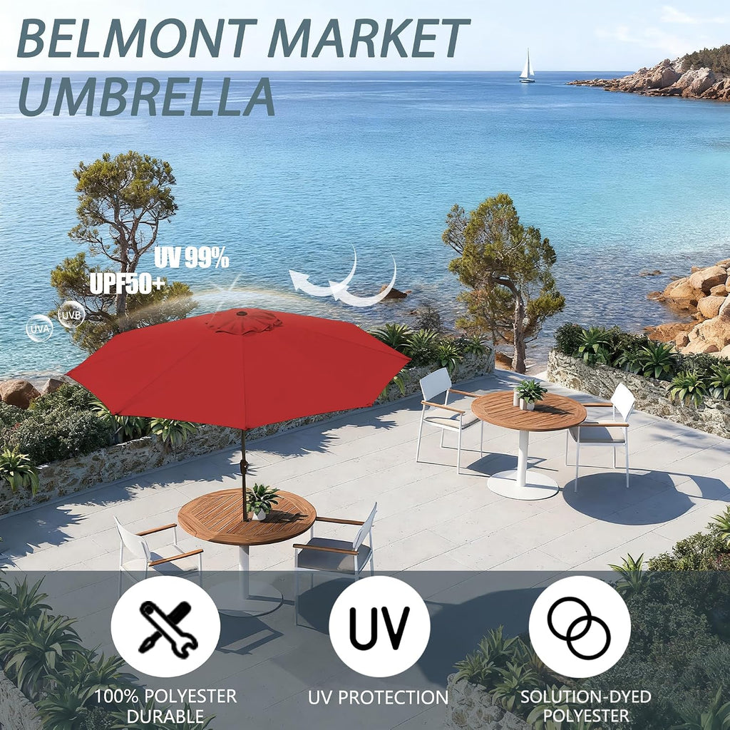 9FT Large Outdoor Patio Umbrella Pool Market Umbrella-UV Resistant, Easy Push Button Tilt and Crank - Red
