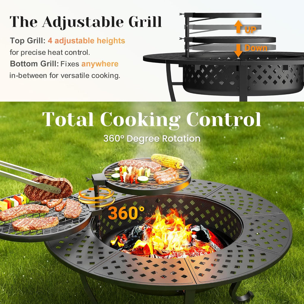 Outdoor Fire Pit, 43" Fire Pit for Outside Wood Burning with Adjustable 2 Grills, Firepit with Lid and Fire Poker, BBQ