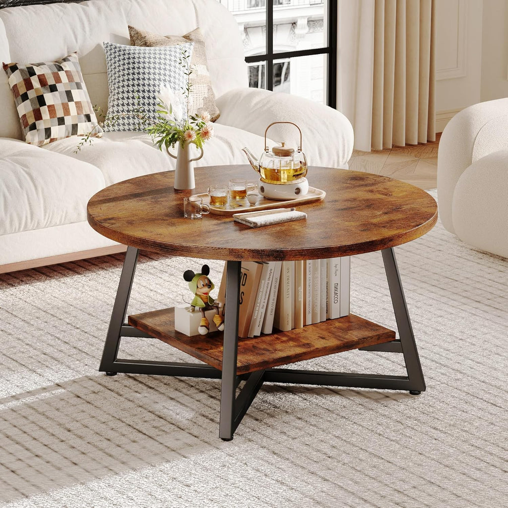 Round Coffee Table, Small Circle Coffee Table with Storage, Modern Wood Round Center Table, Small Space