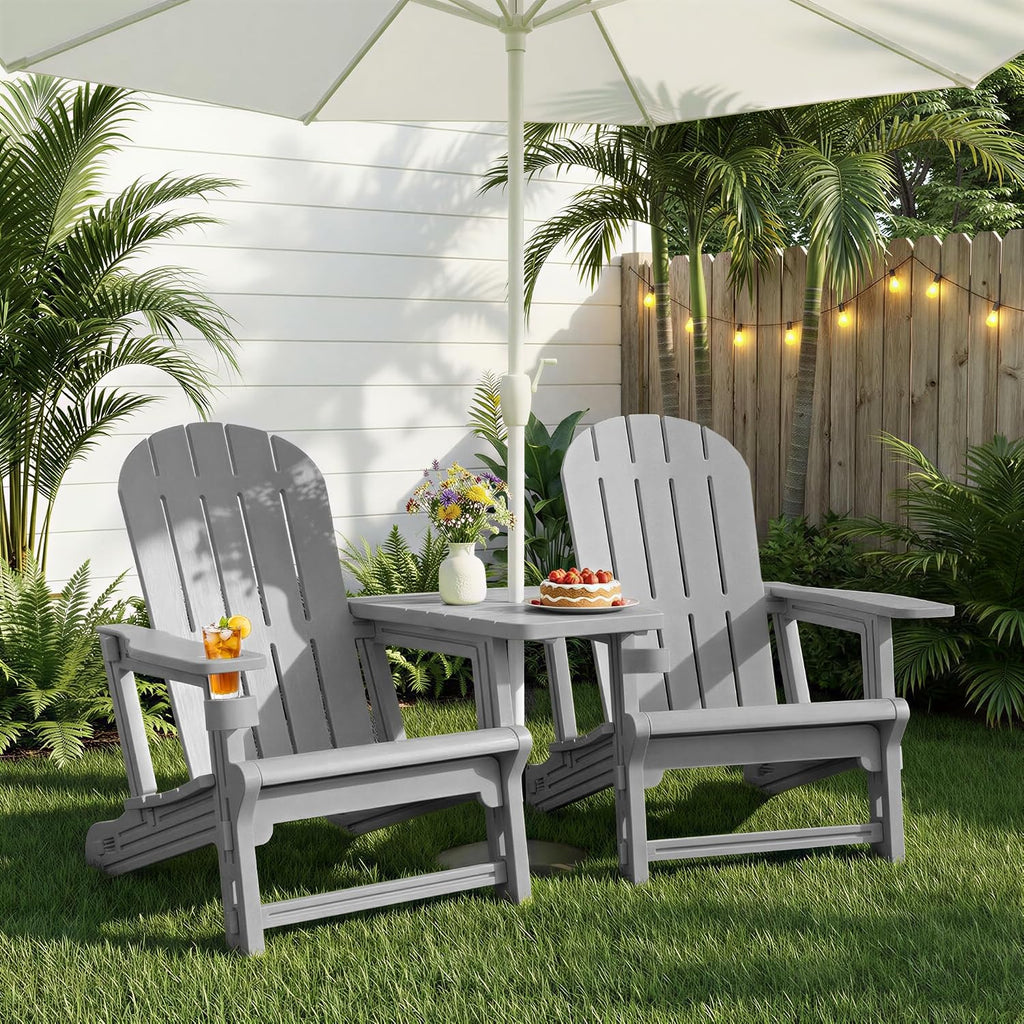 Outdoor Adirondack Chair Set of 2, All-Weather HDPE Patio Furniture with Detachable Table, Wood Texture & Cup