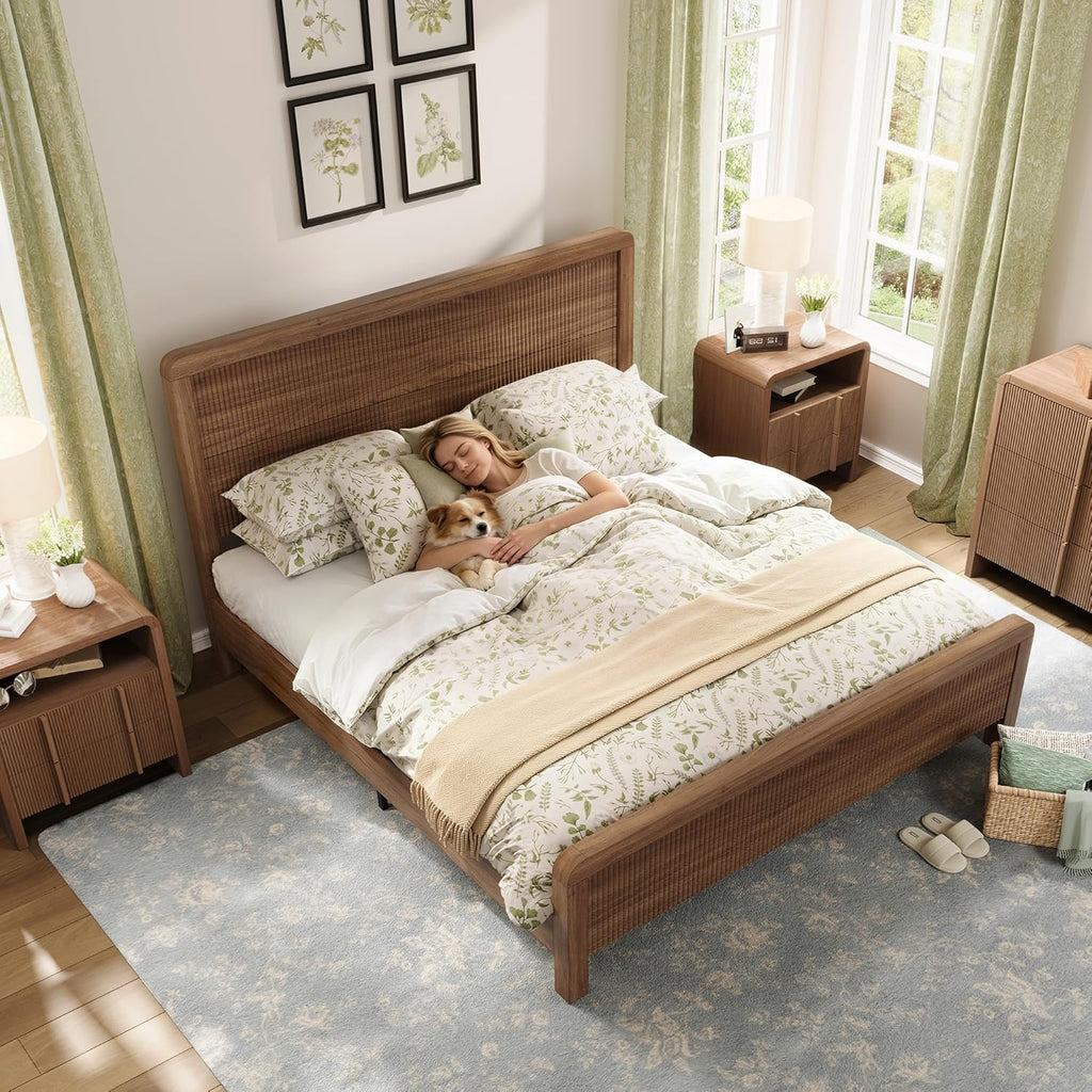 Wood Queen Bed Frame with Headboard & Footboard, Modern Fluted Wooden Platform Bedframe, Easy Assembly, Brown
