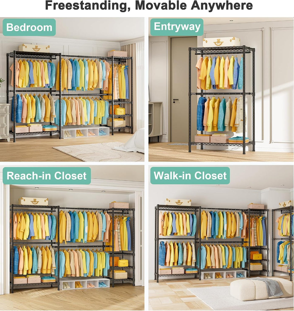 E01 Expandable Heavy Duty Clothes Rack, Free Standing Closet System | 72.5-96" Adjustable Portable Garment & Clothing