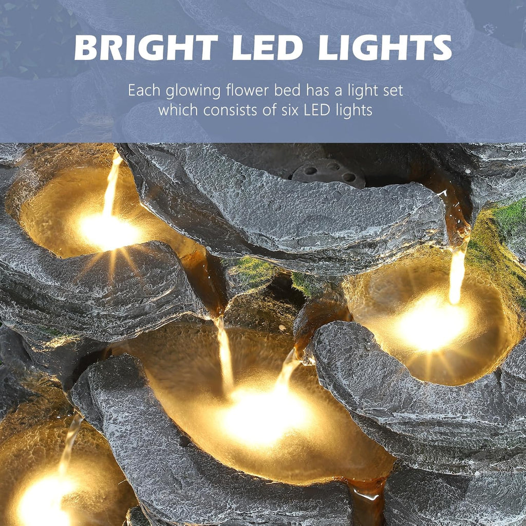 Outdoor 7-Tiers Cascading Rock Water Fountain, Waterfall Fountain with 6 LED Lights, Outdoor Fountains and Waterfalls