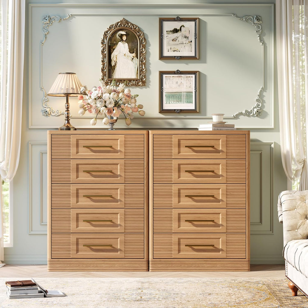 Farmhouse 5 Drawers Dresser , 44" Tall Modern Chest of Drawers, Wooden Curved Dresser Organizer , Natural Oak
