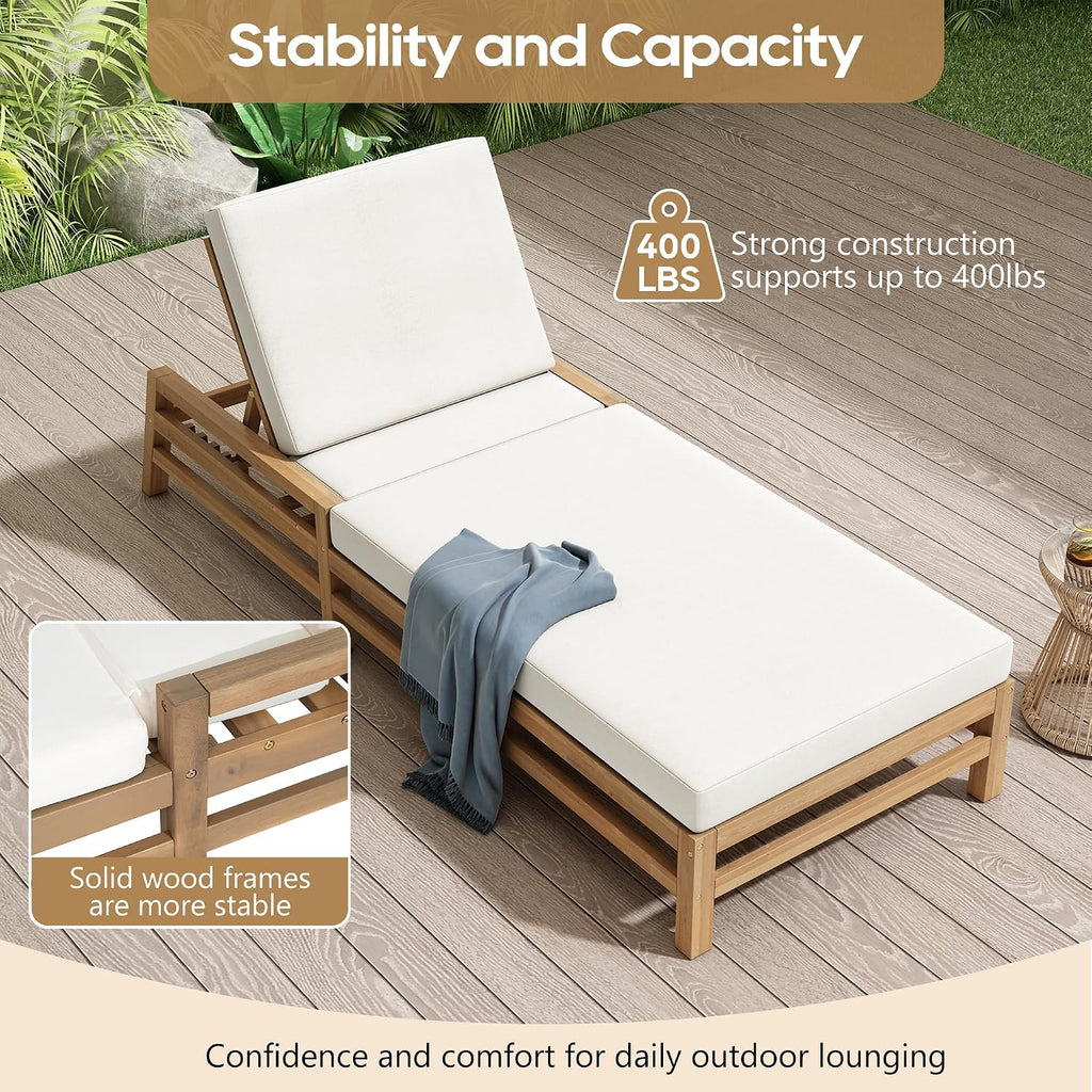 Acacia Wood Outdoor Patio Chaise Lounge Chair, All Weather Recliner Chair with Thick Cushions and 5-Position