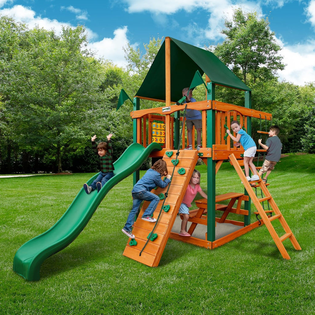 01-0061-AP-1 Chateau Tower Wooden Playset with Amber Posts, Slide, Climbing Wall, & Deluxe Green Vinyl Canopy