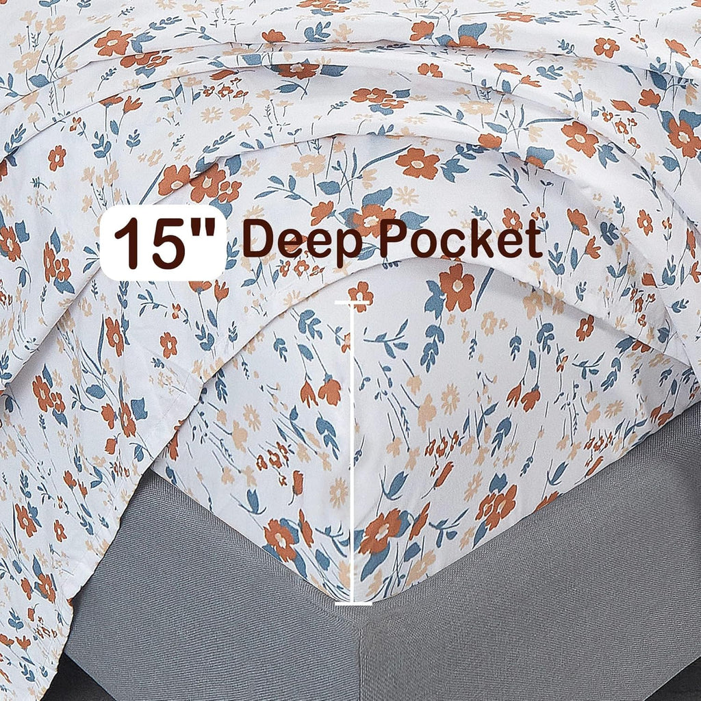 Floral Sheet Set Orange Flower Printed Bed Sheets - 4 Piece Soft Microfiber Patterned Fitted Sheets with 15"
