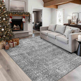 5x7 Washable Vintage Floral Area Rug, Low Pile Non-Slip Carpet Grey