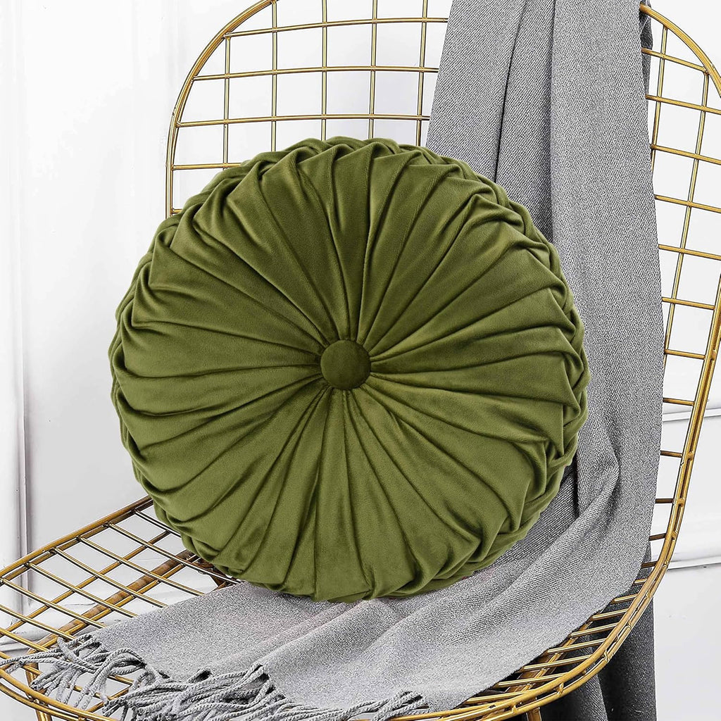 Set of 2 Decorative Round Pleated Throw Pillows, Classy Accent Pumpkin Throw Pillows with Center Button, Vintage