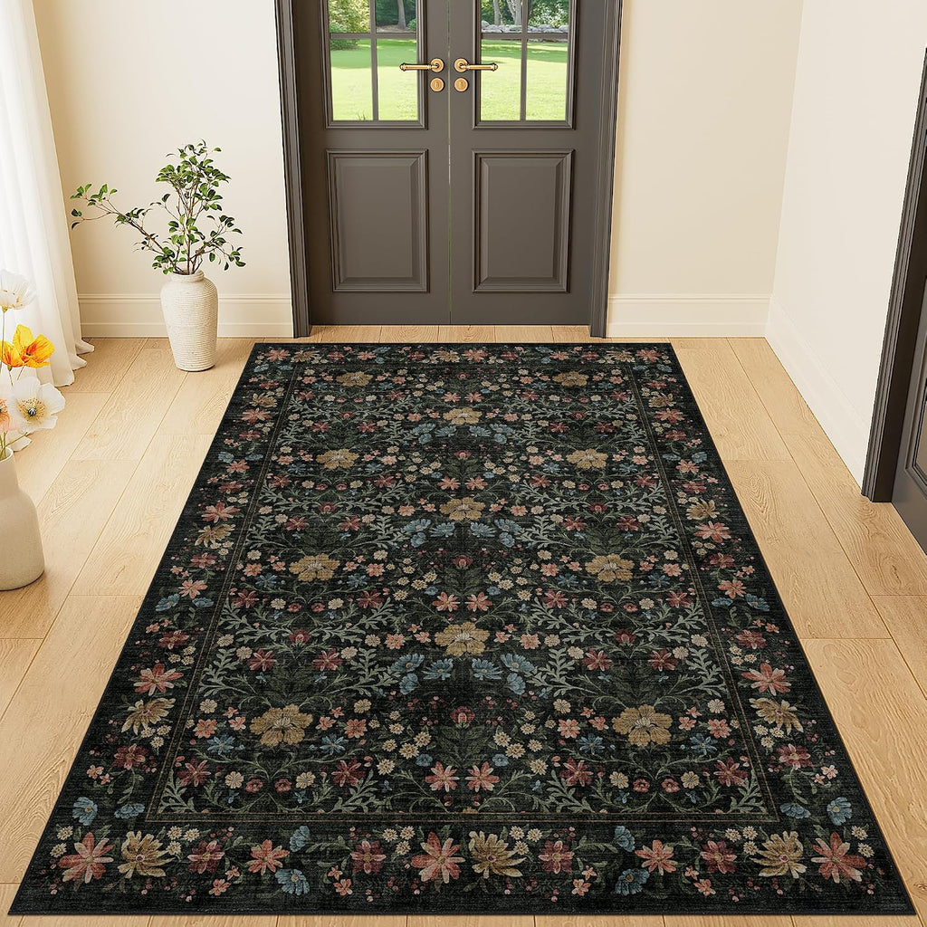 3x5 Rug, Washable Vintage Floral Bedroom Area Rug Non Slip, Black