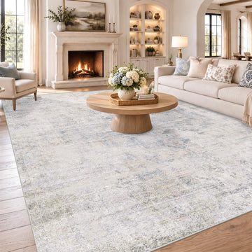 Washable Bedroom Rug - Blue Grey Modern Area Rug Table, Non Slip Soft Faded Print Carpet, Stain Resistant