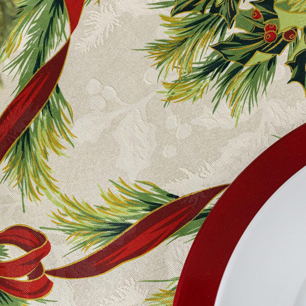 Christmas Ribbons Engineered Printed Fabric Table Cloth, Winter, Holiday and Christmas Tablecloth (7