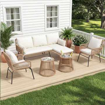 6-Piece Boho Outdoor Patio Furniture Set, L-Shaped Wicker Sectional Sofa with Ice Bucket Table & High Back, Sturdy