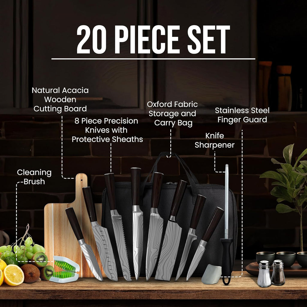 Japanese Kitchen Knife Set with Bag, 20-Piece Professional Chef Knife Set, High Carbon Stainless Steel Knives, Travel