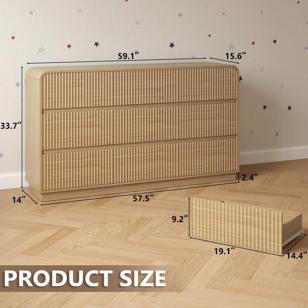 Dresser with 9 Drawers, Fluted Chest of Drawers with Round Curved Corner, Hidden Handles, Modern Wood Storage