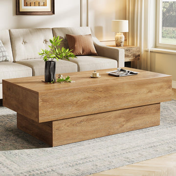 55-Inch Farmhouse Wood Coffee Table, Rustic Large Rectangle Tea Table, Vintage Center Table Reception, Light Brown