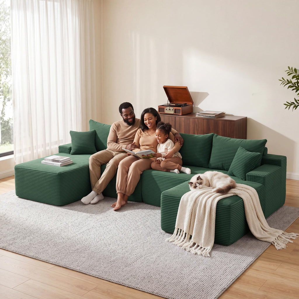 118'' Boneless Couch, U Shaped Couches, Green