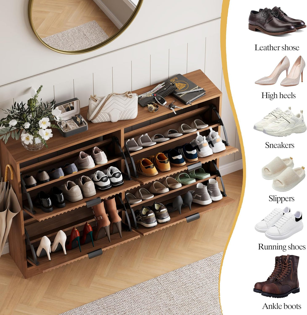 Shoe Cabinet Storage with 4 Flip Drawers, Walnut Fluted Shoe Cabinet with Adjustable Shelves, Wooden Hidden Shoe Rack