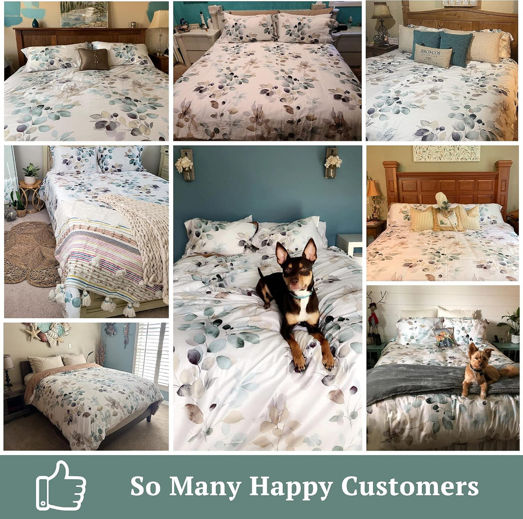 Floral Duvet Cover Set - 100% Long-Staple Cotton Green Leaves Pattern Printed Comforter Cover 3pcs Soft Breathable