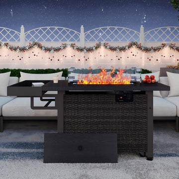 52 Inch Outdoor Rectangular Fire Pit Table, 50,000 BTU Propane Fire Pit with Glass Wind Guard and Sliding Tank