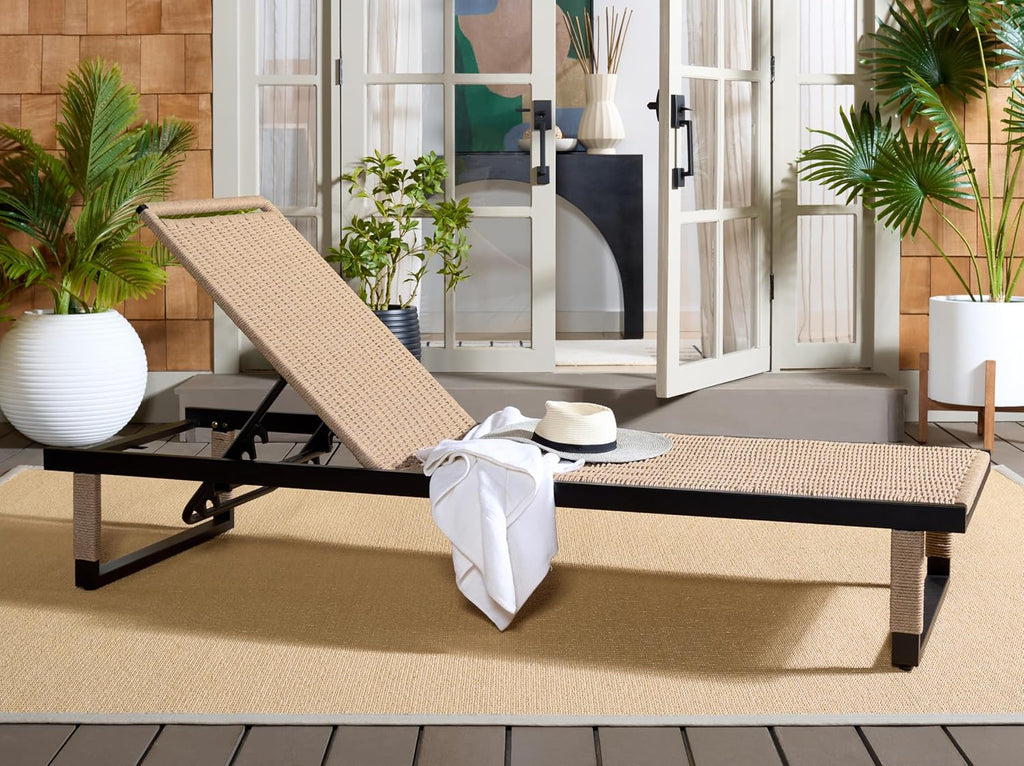 Outdoor Patio Furniture Collection - Arman Black Metal & Heather Tan Rope Chaise Lounge Chair, 6 Reclining Positions