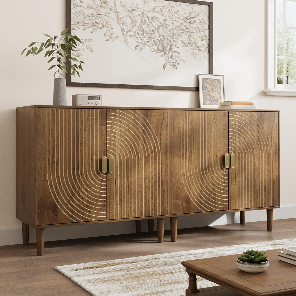 Walnut Sideboard Cabinet, Freestanding Buffet Cabinet with Line Groove Design, Wood Storage Cabinet with Adjustable