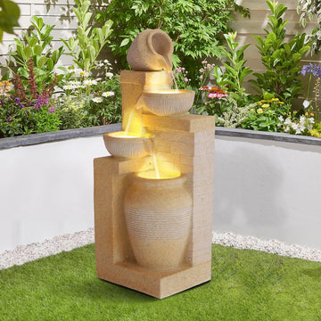 Outdoor Water Fountain, 4 Tiered Waterfall Fountains with LED Lights, Garden Bowl Waterfalls