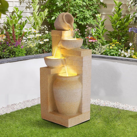 Outdoor Water Fountain, 4 Tiered Waterfall Fountains with LED Lights, Garden Bowl Waterfalls