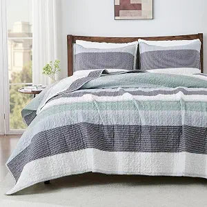 Queen Quilt Bedding Set Sage Green, 3 Pieces Striped Bedspreads - Set of 3