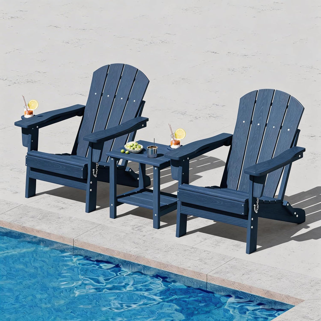 HDPE Folding Adirondack Patio Chair with Cup Holder - Weather-Resistant Plastic, Wood Grain Texture, Outdoor Lounge