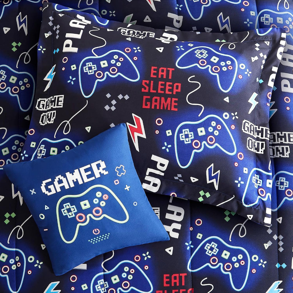 Kids Comforter Set for Boys, Glow in The Dark Gamer Bedding Set 1 Comforter, 1 Decor Pillow, 1 Pillow Sham