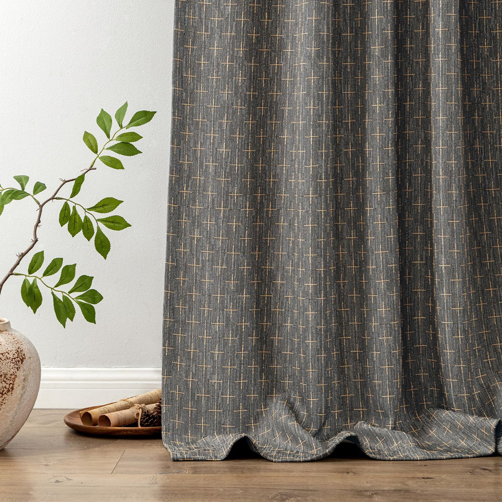 Patterned Farmhouse Linen Curtains, Back Tab, 52Wx84L, Dark Grey