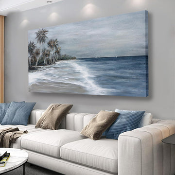 Coastal Wall Art Blue Gray Beach Wall Decor Landscape Abstract Canvas Painting Modern Ocean Artwork Framed Bedroom