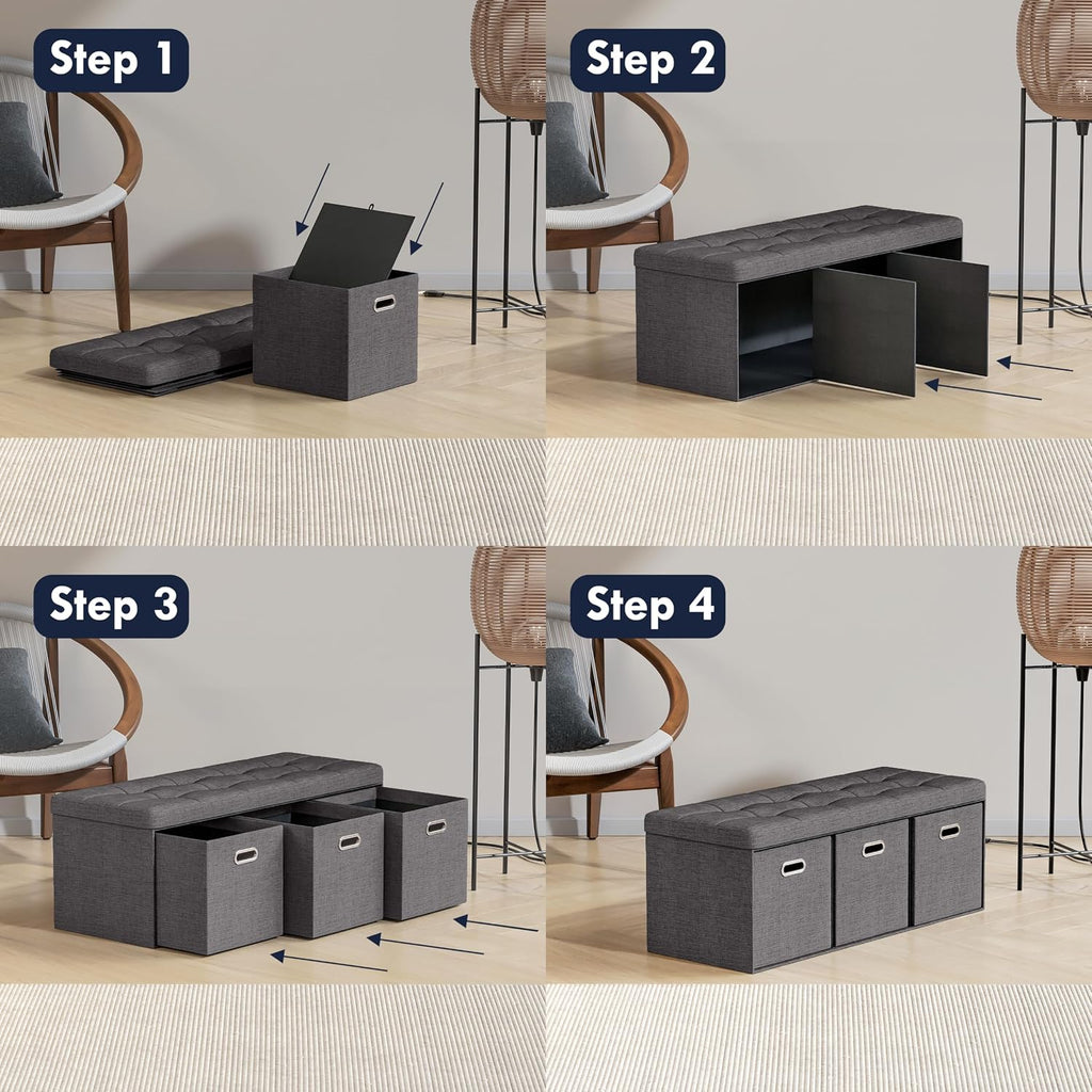 40 Inch Storage Ottoman with 3 Drawers, Tufted Linen, Dark Gray | Foldable Large Bench Design; Foot Rest Stool Seat;