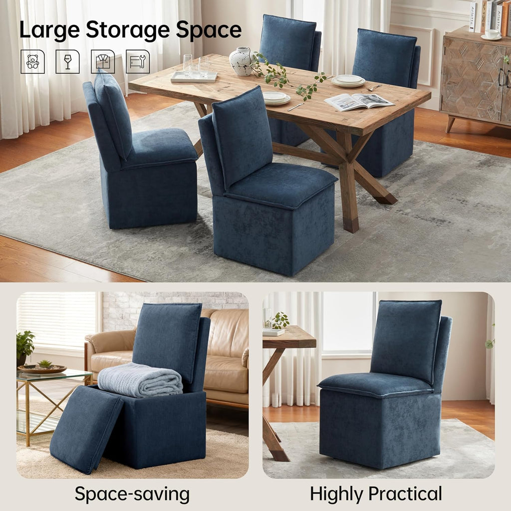 Upholstered Dining Chairs Set of 2, Modern Rolling Chairs with Storage and Wheels