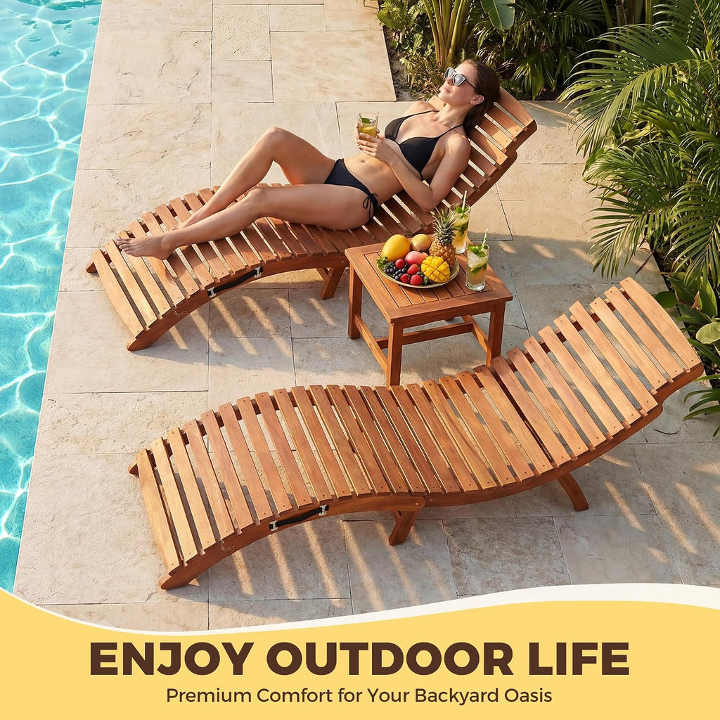 Lounge Chair Outdoor Acacia Wood with Side Handle (2 Pieces) | Foldable Pool Lounge Chairs, Outdoor Lounge Chairs