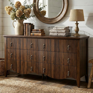 6-Drawer Fluted Dresser, Wide Double Chest of Drawers,Walnut | Fluted Design, Horizontal Chest of Drawers