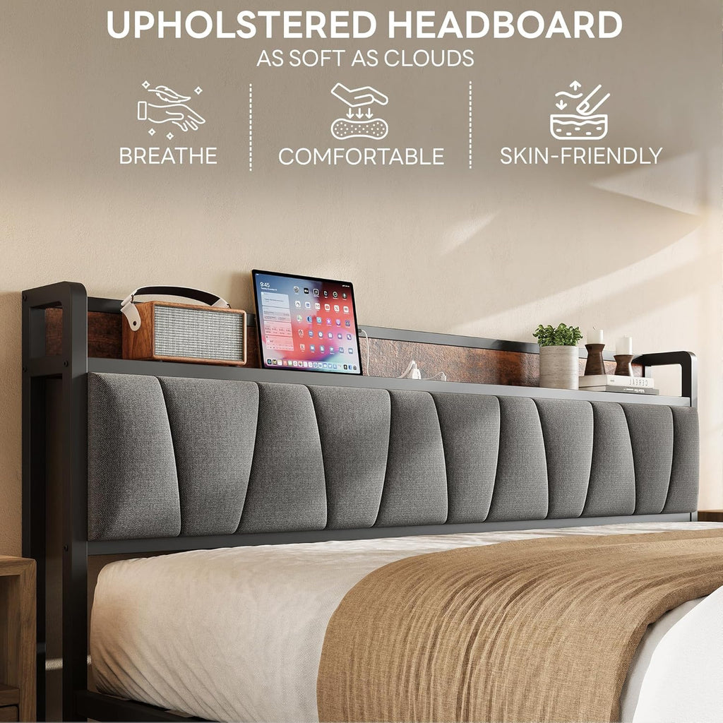 King Bed Frame, Storage Headboard with Charging Station, Solid and Stable, Noise Free, No Box Spring Needed