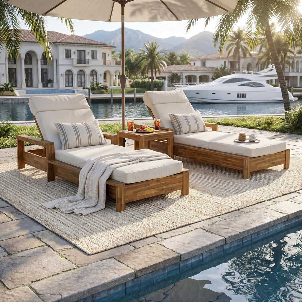 Teak Finish Acacia Wood Outdoor Chaise Lounge Frame Set with Armrests, 3-Position Adjustable Recliner, 4-Fold Beige